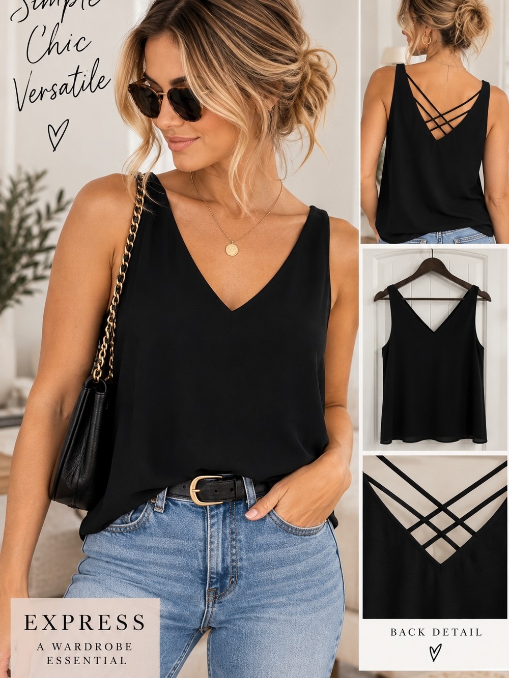 🖤 Express Black Strappy Back V-Neck Tank Top – Size Small